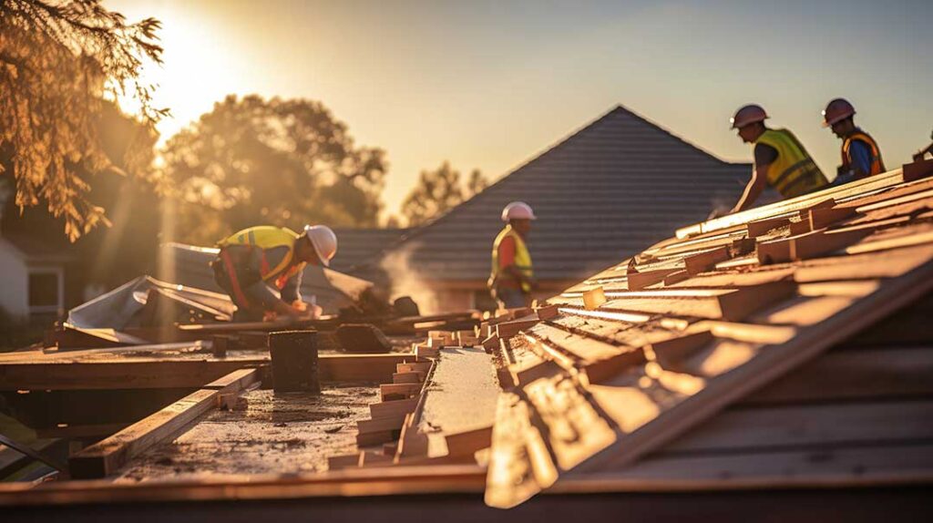 Homeowner inspecting roof shingles and clean gutters beside a house in autumn