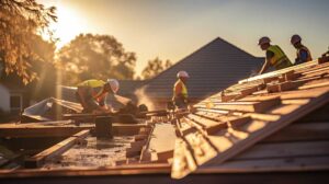 Homeowner inspecting roof shingles and clean gutters beside a house in autumn