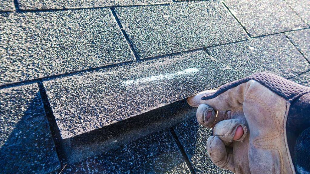 Close view of dark roof staining and green moss spreading across weathered asphalt shingles.