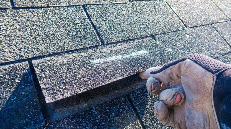 Close view of dark roof staining and green moss spreading across weathered asphalt shingles.