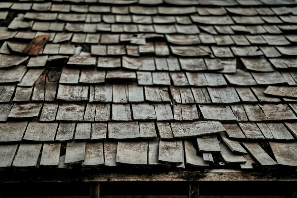 A homeowner inspecting worn shingles and water stains beneath a residential roof.